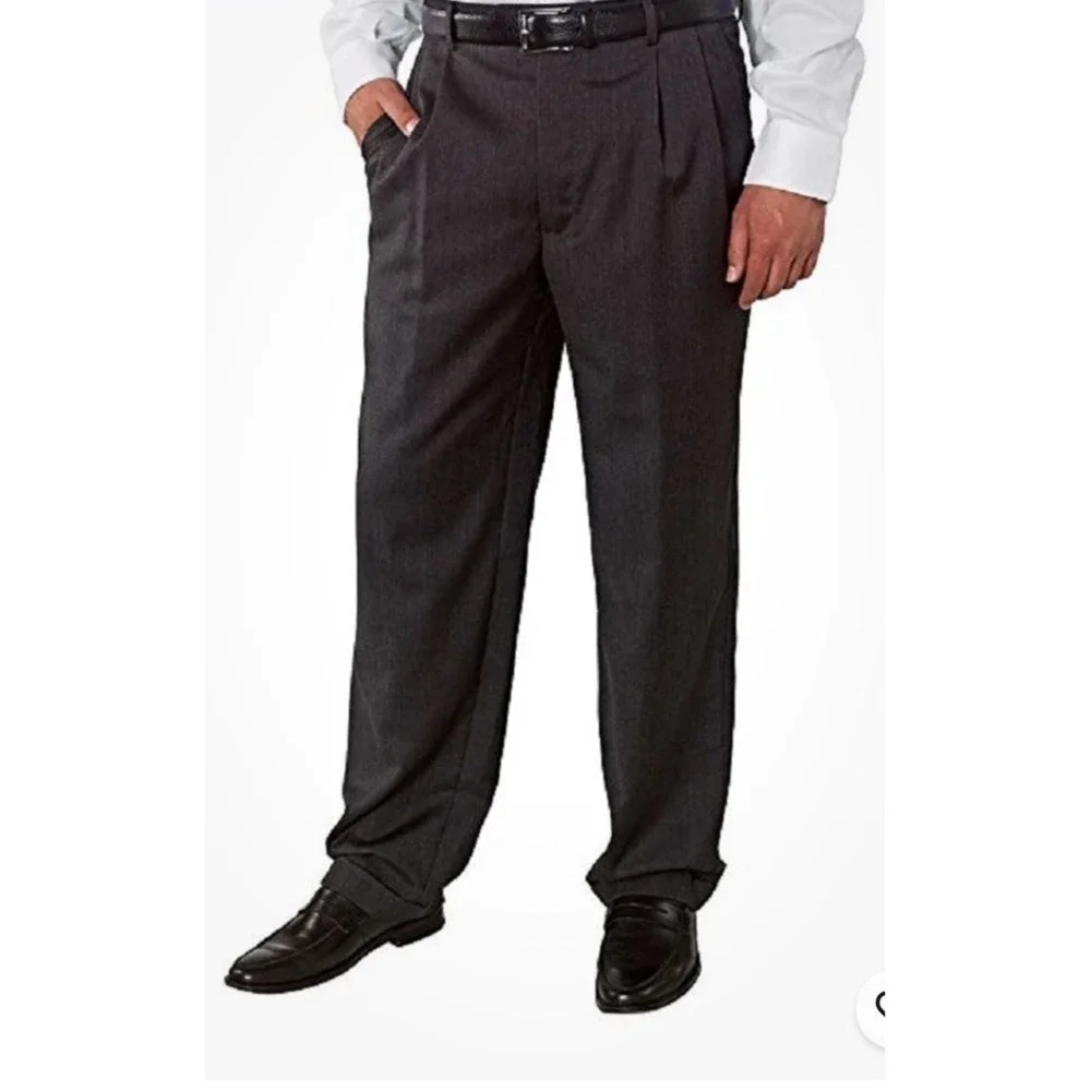 Kirkland Signature Men's 34x32 Wool Pleated Cuffed Dress Slacks Charcoal Twill